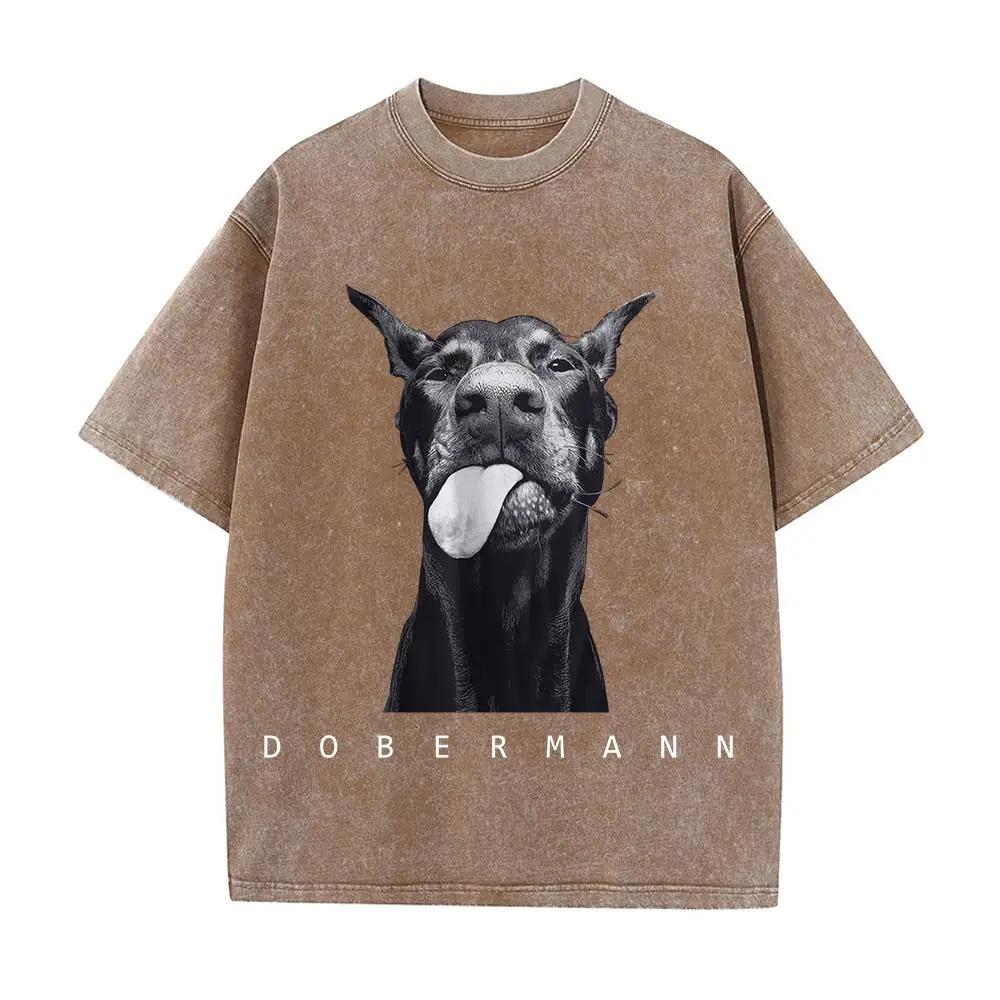 Maglietta Doberman Vintage Uomo Oversize Cotone Lavato Grafica Cane Retro Streetwear Casual Estiva Manica Corta