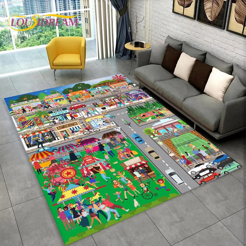 Highway City Traffic Cartoon Area Rug,Carpet Rug for Living Room Playroom Children's Bedroom Decor,Kid Game Non-slip Floor Mat