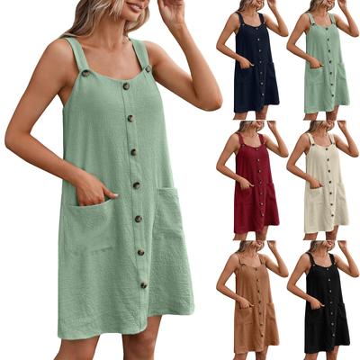 Women's Fashion Button Front Straight Hem Pocket Patch Loose Short Vest Dresses