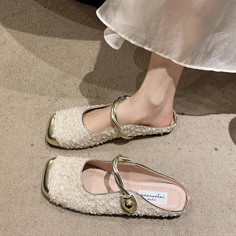 Flat-bottomed Temperament Sandals Skirt Cool Slippers Women's Sequins Heel Bag Head Mary Jane Half Slippers Low New Style with Fashion