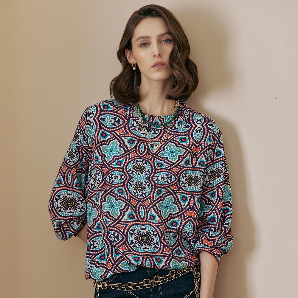 Maja Colorful Oriental Pattern Pleated Neck Blouse Blue/Free