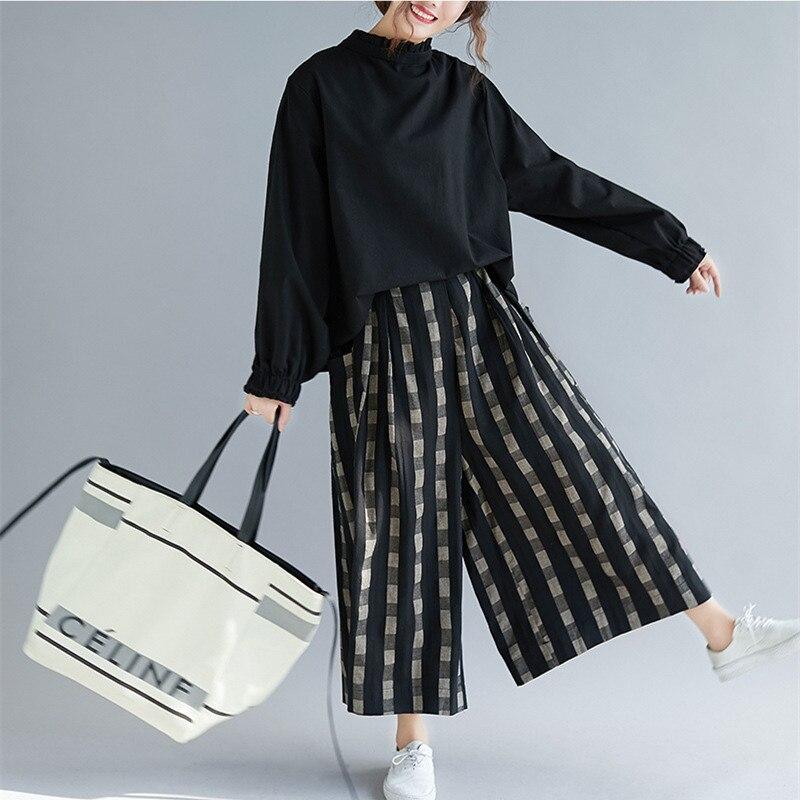 Johnature Vintage kostkované volné široké široké kalhoty jaro léto dámské kalhoty s elastickým pasem, ke kotníkům