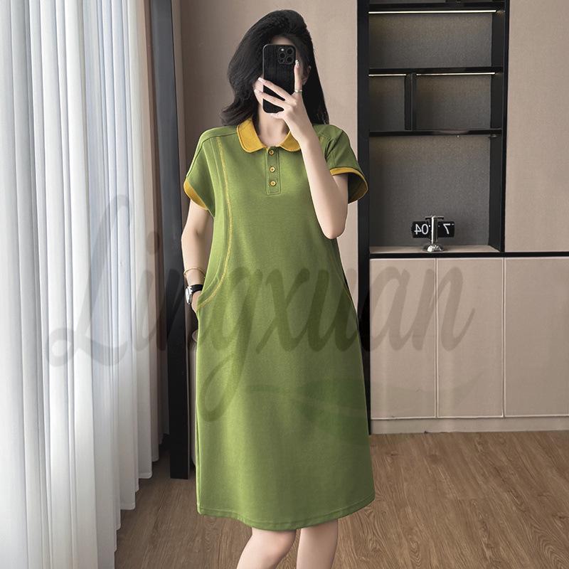 

2026 Slimming French A-line Dress - Plus Size, Loose Casual Fit, Basic Color, Short Sleeve 5XL зелений