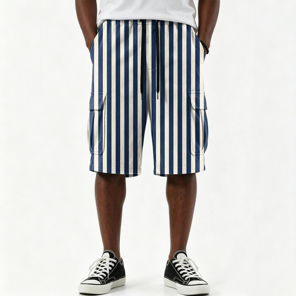 Men's Casual Striped Print Drawstring Shorts with Multiple Pockets Knee Length