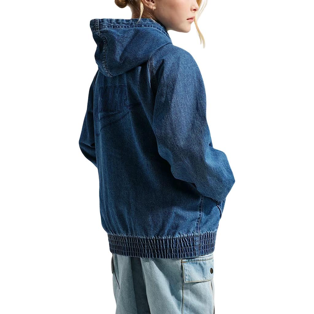 Nike Sportswear Collection Full-Length Zipper Hooded Denim Long Sleeve Kids Jackets IF2306-435