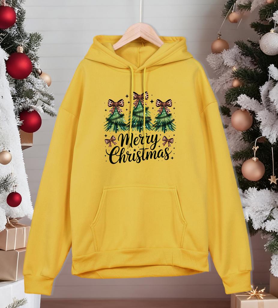 Merry Christmas Bow Trees Printing Hoodiy Men Loose Pocket Hoodies Casual All-Match Man Sportswear Fleece Fashion Pullovers