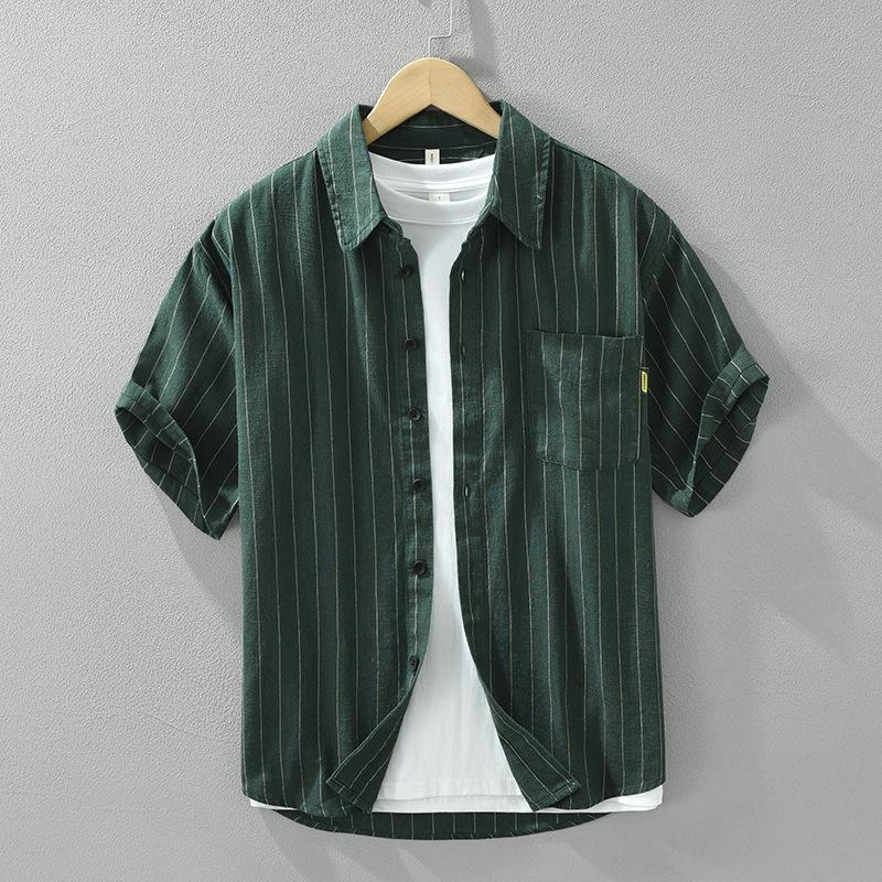 Men's Vertical Stripe Patch Pocket Short Sleeve Button Down Shirt Casual Streetwear Top