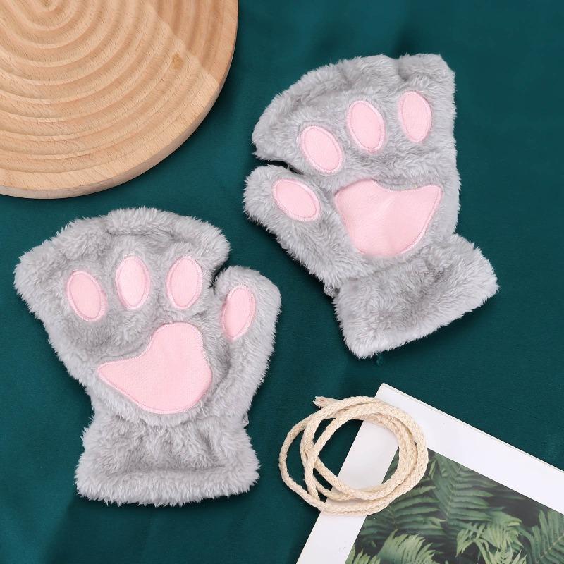 Cartoon cat claw gloves female winter cute girl bare finger thickened warm bear paw plush half finger gloves