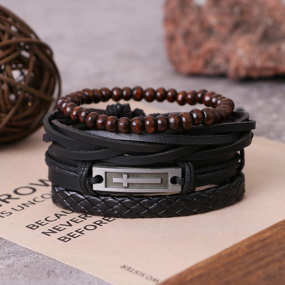Schwarz 4 TEILE/SATZ Vintage Kreuz Perlen Einstellbare Seil Kette Armband Punk Geflochtene Wrap Armbänder für Männer Mode Schmuck