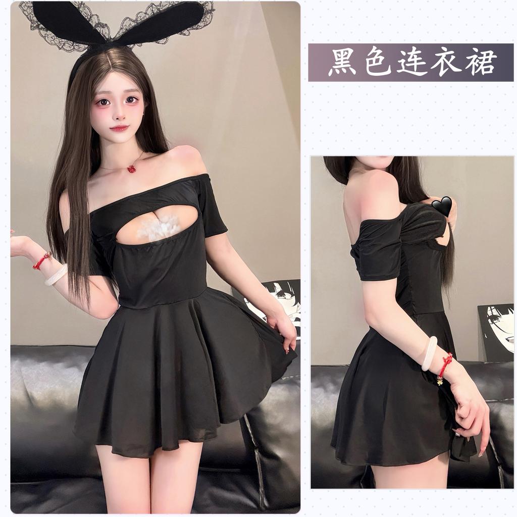 Sexy Underwear, Sexy Hollowed-out One-word Shoulder Ice Silk Nightdress, Pure Desire, Lotus Leaf Edge, Super Short Free Women