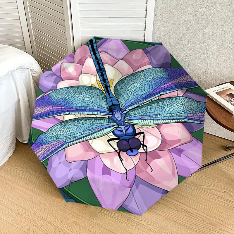 Stained Dragonfly on Lotus Flower Automatic Opening Folding Umbrella - Portable 3-Fold Design with 8-Bone Steel Frame, Gift for Fans, Travel