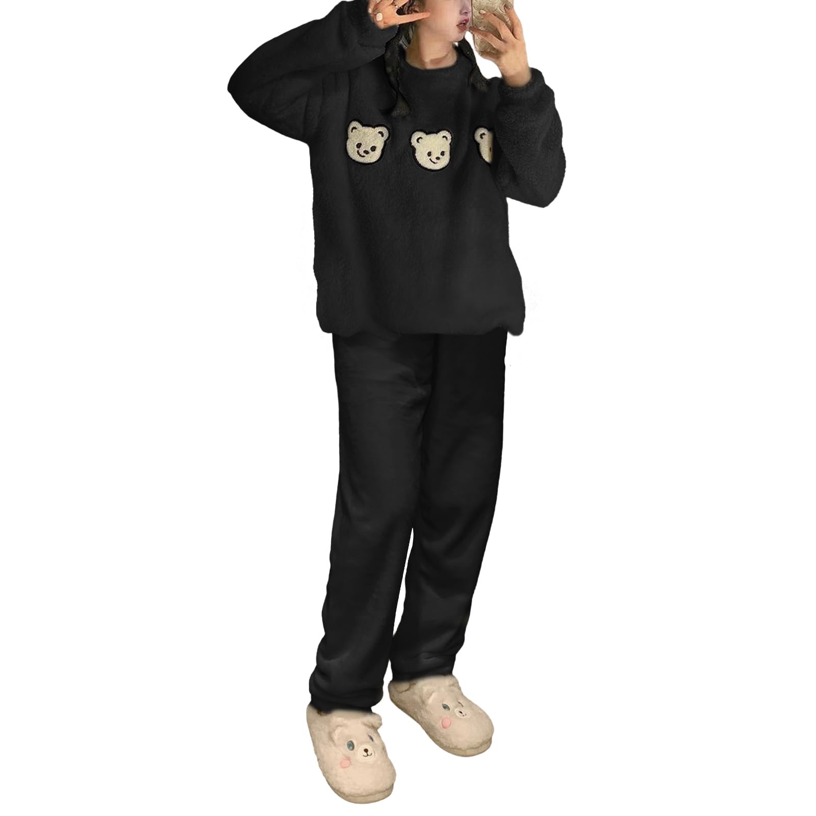 

EnagmourCheripo Принт медведя и бурого медведя Фланелевый топ с длинным рукавом и низ Однотонный Тепло для холодной погоды Как Идеально для и Зимняя женская пижама,