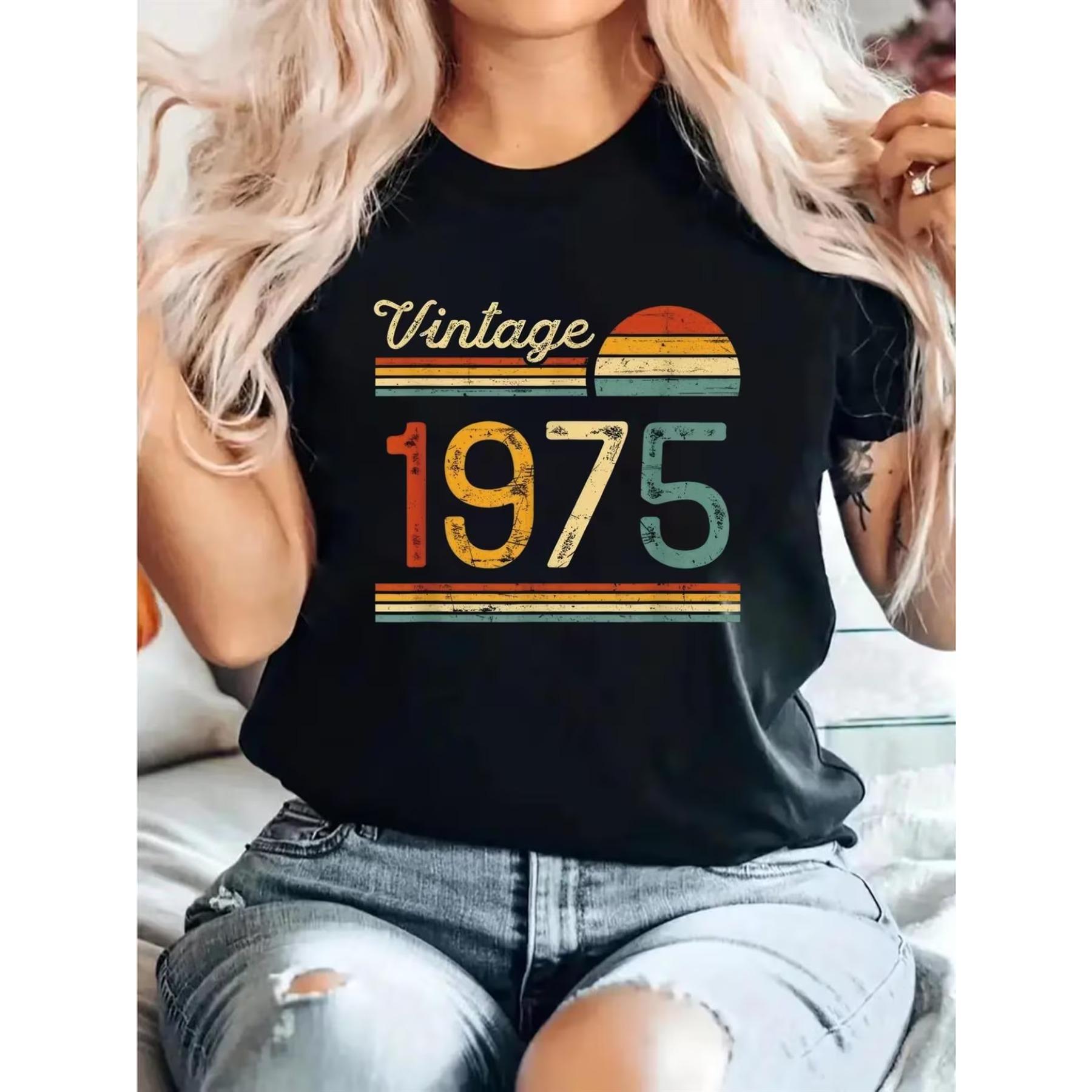 Women s Vintage 1975 Retro T-Shirt - Soft Casual Short Sleeve Round Neck Top with Bold 70s Lettering & Colorblock Stripes S чёрный