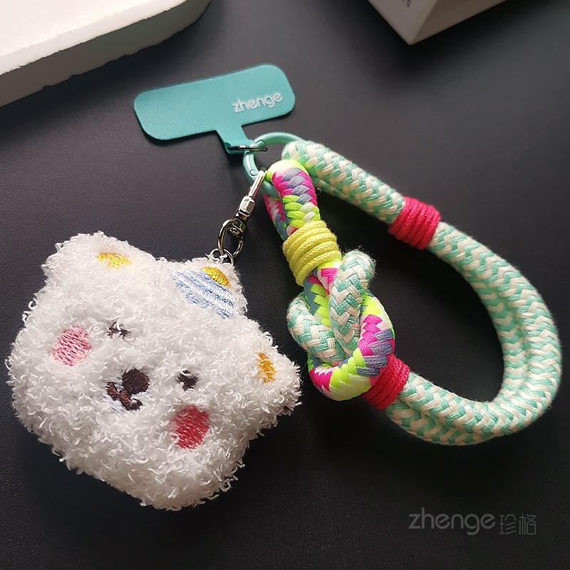Plush bear pendant, mobile phone lanyard ins fashionable women's wrist woven short thumb ring, small sling.