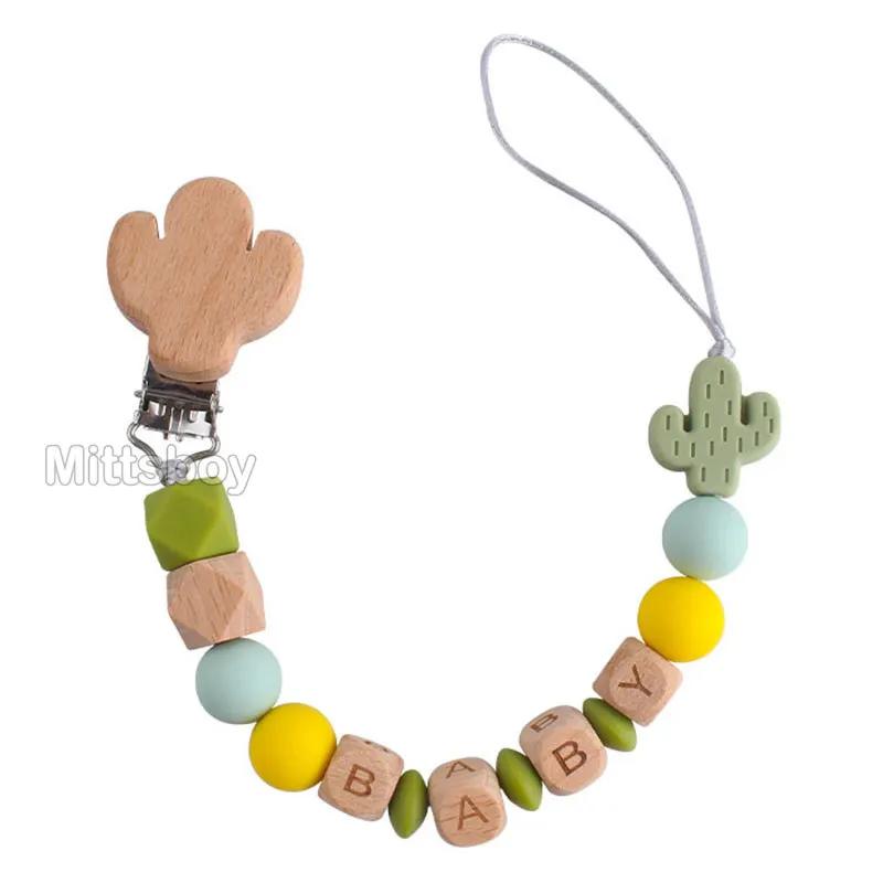 Handgefertigt Personalisierte Name Kaktus Schnullerclips Ketten Silikonperlen Personalisieren Säugling Chupetero Zahnung Personalisiert Geschenk