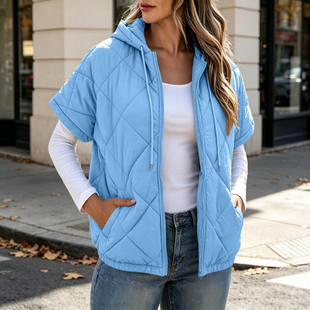 Women's Hooded Sleeveless Padded Vest with Zip Pockets, Color Casual Outerwear