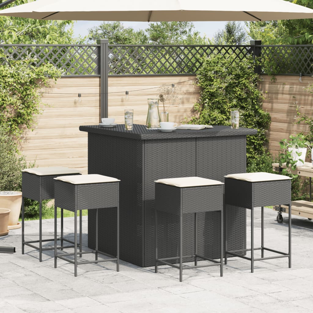5 Piece Garden Bar Set with Cushions Black Poly Rattan