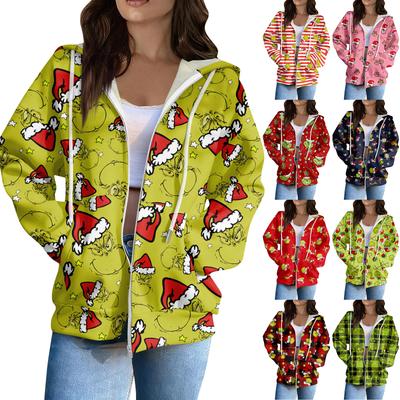 Women's Casual Fashion Long Sleeve Zipper  Printed Hooded Sweatshirt