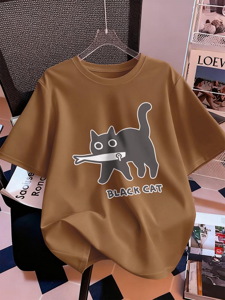 Cartoons Black Cat Prints Short Sleeve T-Shirts Womens Cotton Summer Tee Shirts Soft Loose O-Neck Tops Street Womans Clothes