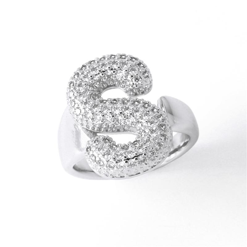 Letter Design Ring with Clear Stone Detail, Copper Base Fashion Jewelry for Daily Outfits, Party Styling and Gifts