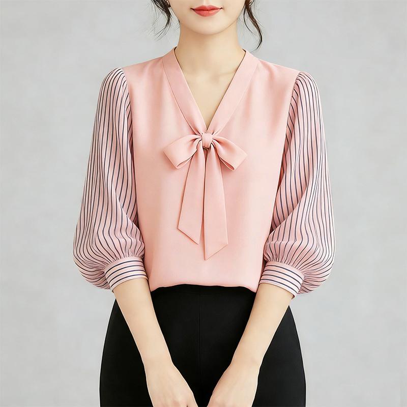 ZANZEA Women Elegant V-Neck Stripe Print Splice 3/4 Sleeve Blouse M розовый