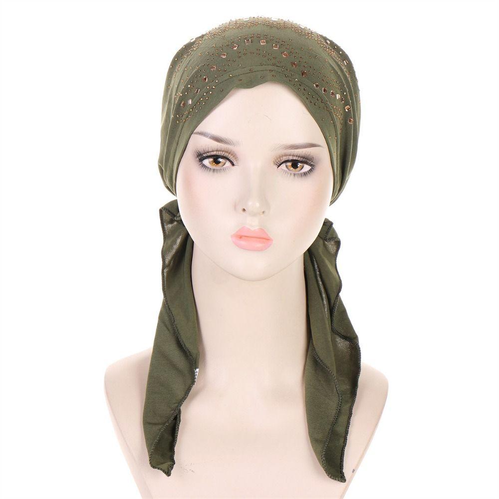 Soft Elastic Muslim Headscarf Hat Solid Color Rhinestone Hijab Caps Ramadan