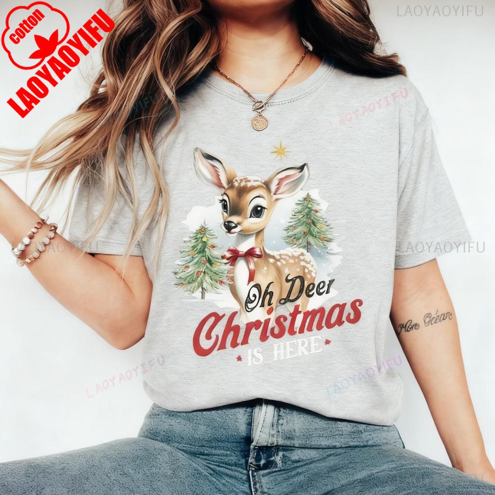 Oh Deer Christmas Is Here Retro Christmas Shirt Retro Reindeer TShirt Holiday Season Crewneck Women Fashion Tee Casual Cotton T S