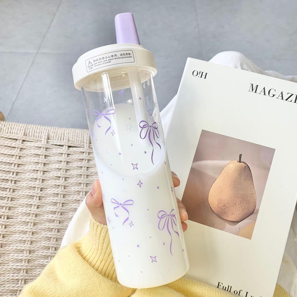500/850ml Water Bottles Straw Plastic Cup Milk Juice Cup with Lid Leather Case Bubble Tea Coffee Cups Large Capacity Drinkware