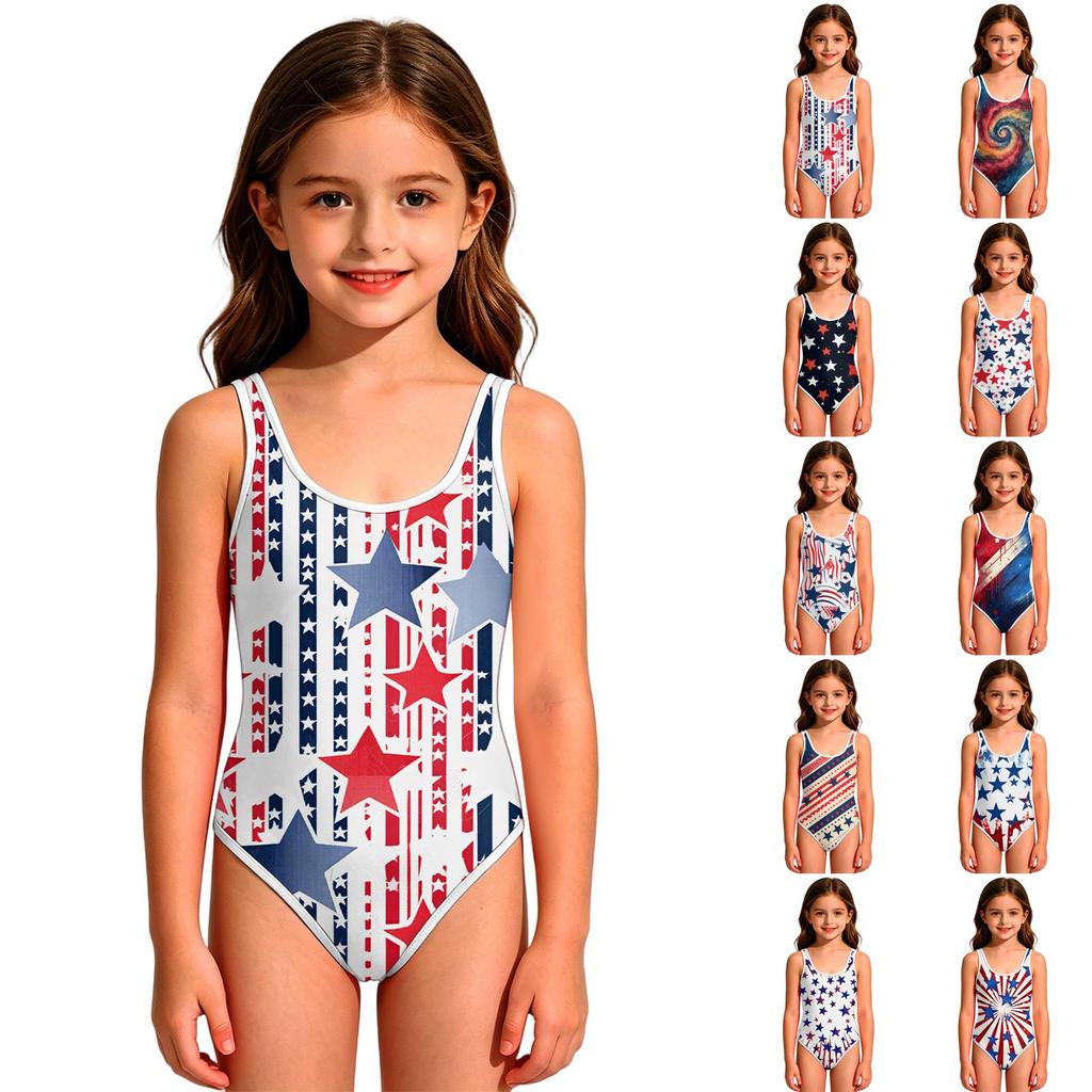 Girls' One-Piece Swimsuit - Round Neck Summer Bathing Suit Independence Day