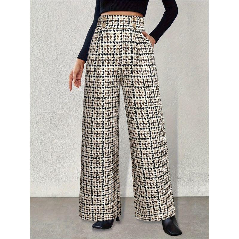 Western Style New Fashion Loose Houndstooth Casual Pants Plaid High Waist Wide Leg Pants Wide Leg Pants
