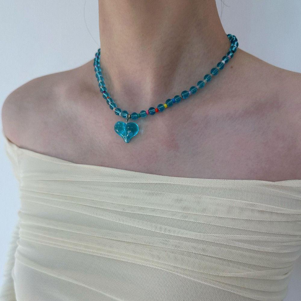 Beaded Transparent Love Heart Necklace Korean Style Clavicle Chain Sweater Chain Y2K Choker  Party