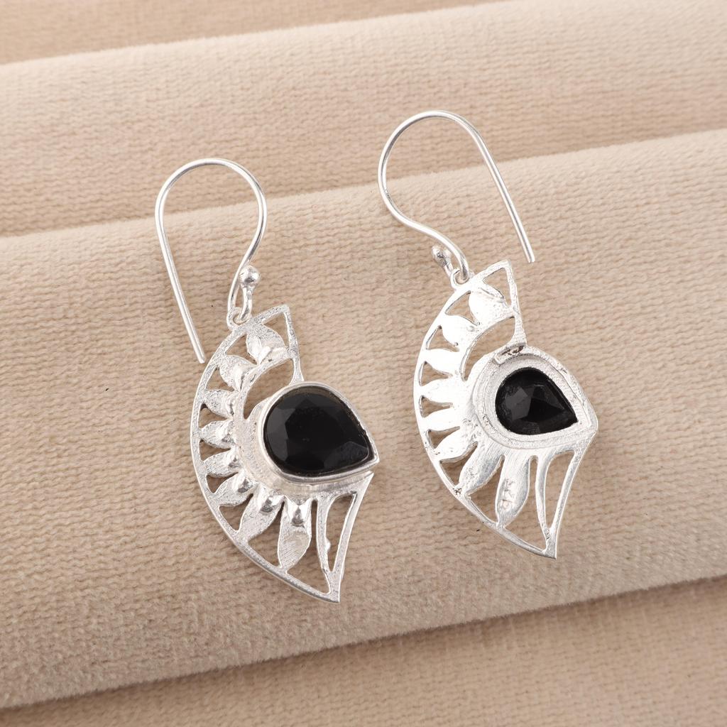 Czarny Onyks Kamień Srebrny Ładny Designerski Kolczyk 1,5", Biżuteria ze Srebra Próby 925, Biżuteria z Kamieniem Urodzinowym na Lipiec, Kolczyk Ślubny z Onyksem Dla Niej CE-26-17