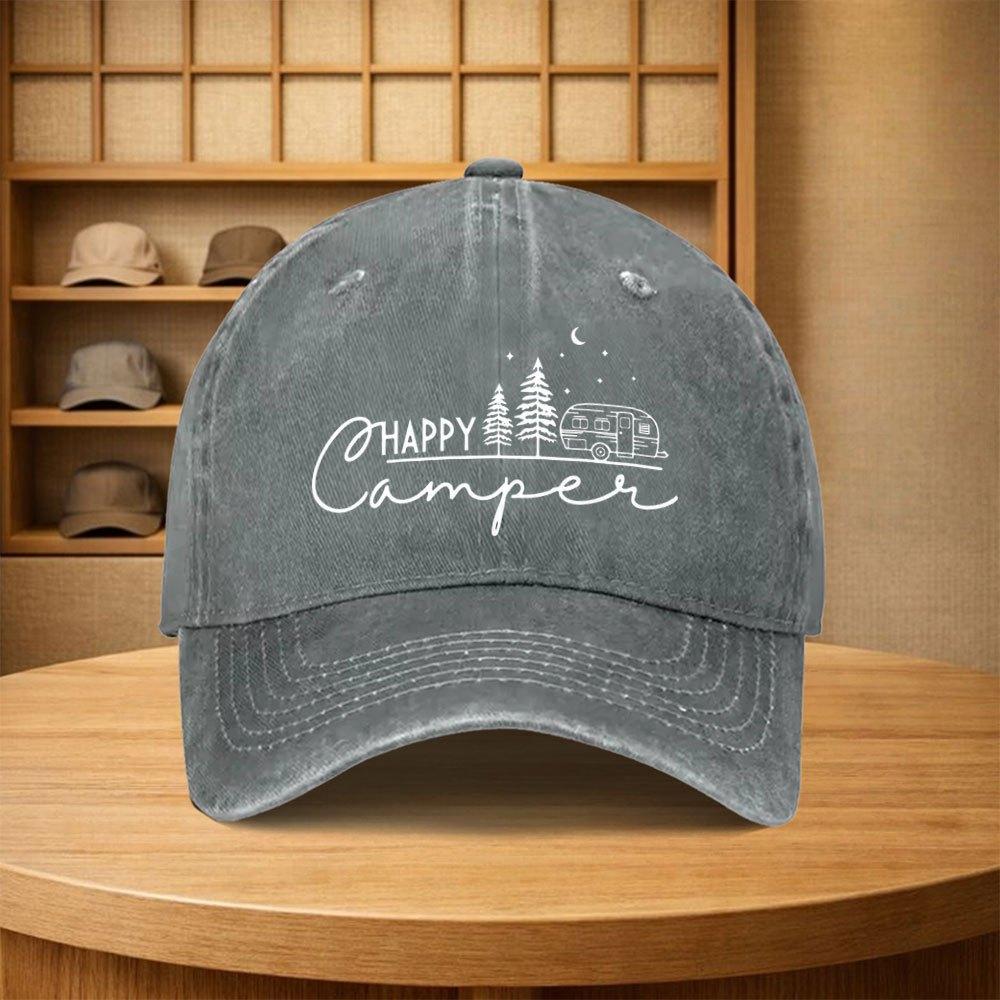 Vintage Happy Camper Baseball Cap Unisex Adjustable Cotton Hat for Camping Cycling Outdoor Family Parties