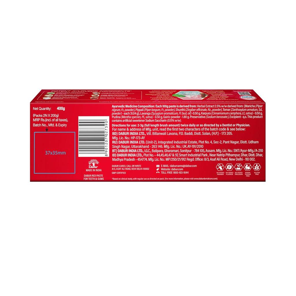 Dabur Red Ayurvedic Toothpaste 400g Pack Of 1 Herbal Paste For Fresh Breath Cavity Care Plaque Removal Gum Health And Oral Hygiene