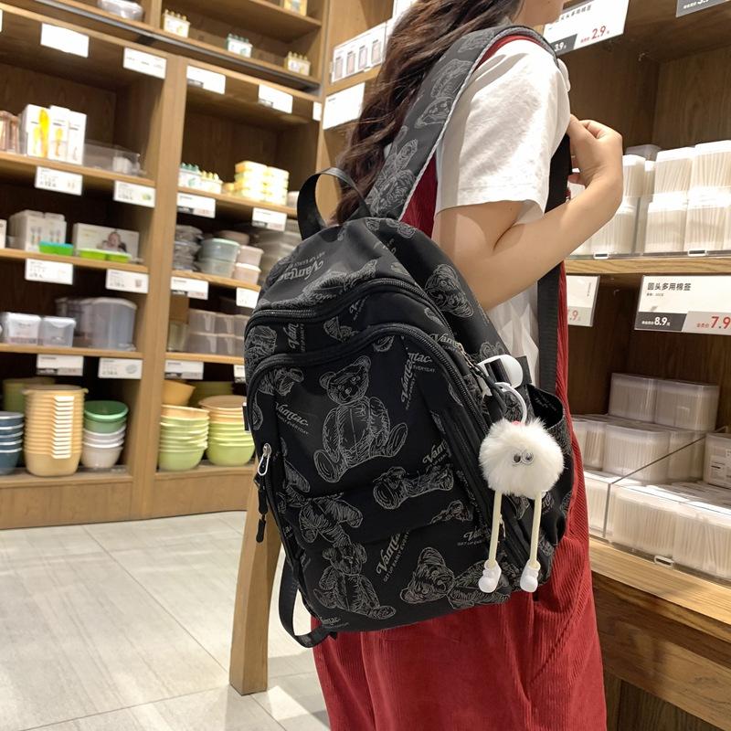 School Bag for Female Junior High School Students, Simple and Versatile Printed Bear Backpack, Niche Design, Light Backpack for High School Students