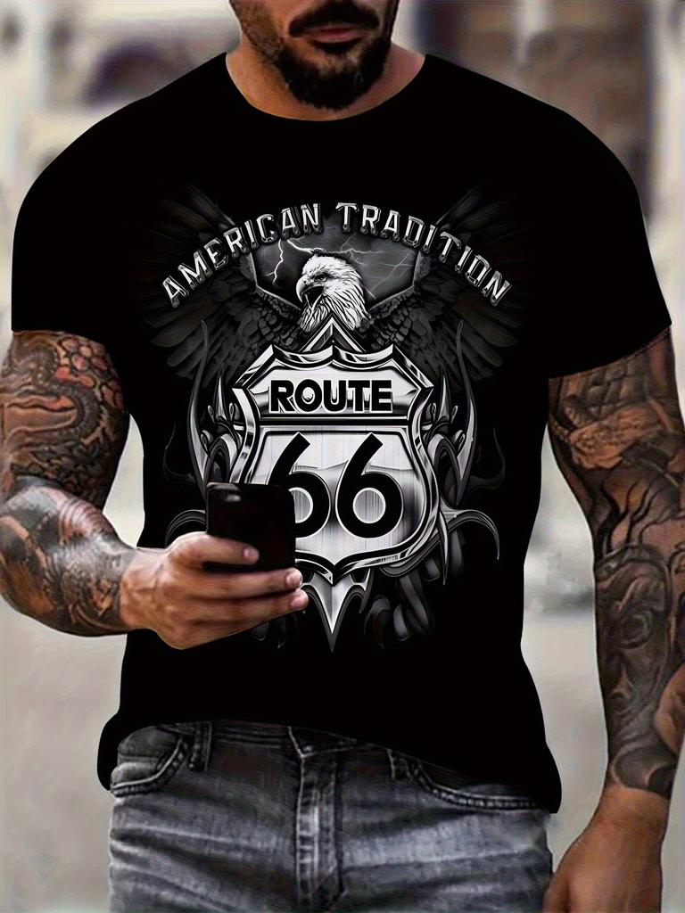Men'S Vintage Route 66 T-Shirt - Features a 66 Graphic Print with an Eagle Emblem, a Glossy Casual Shirt Suitable for Travel And Everyday Street Style