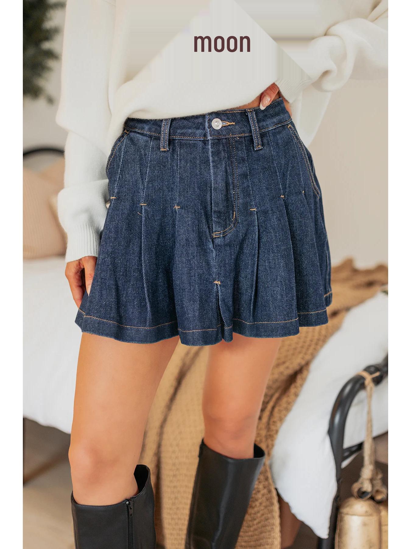 2026 Retro A-line Pleated Denim Mini Skirt - Spicy European & American Style Medium синий