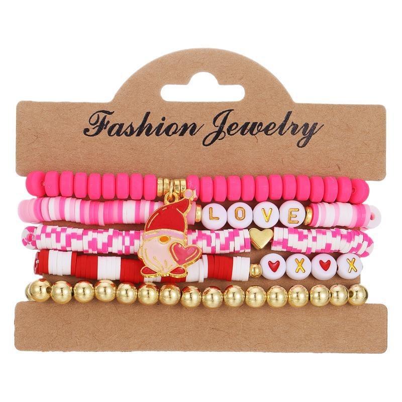 Valentine's Day Bracelet Multi-layer Stacked Pink Love Pendant Bracelet Soft Pottery Beaded Elastic Bracelet