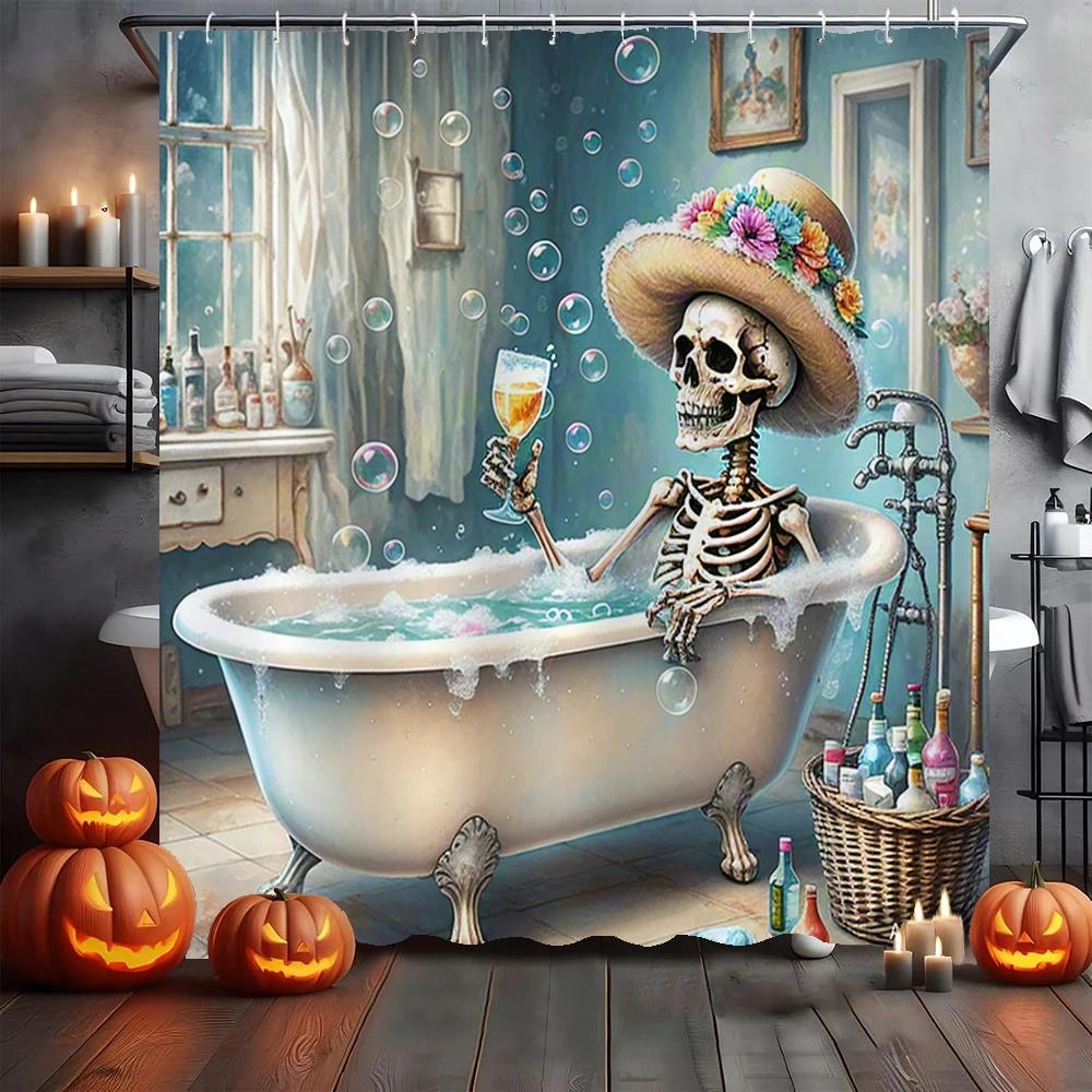 Lustiger Halloween-Duschvorhang Wasserdichter Badezimmer-Vorhang Schrecklicher Verrückter Skelett, Geist, Dunkler Stil Heim-Dekorationsvorhang