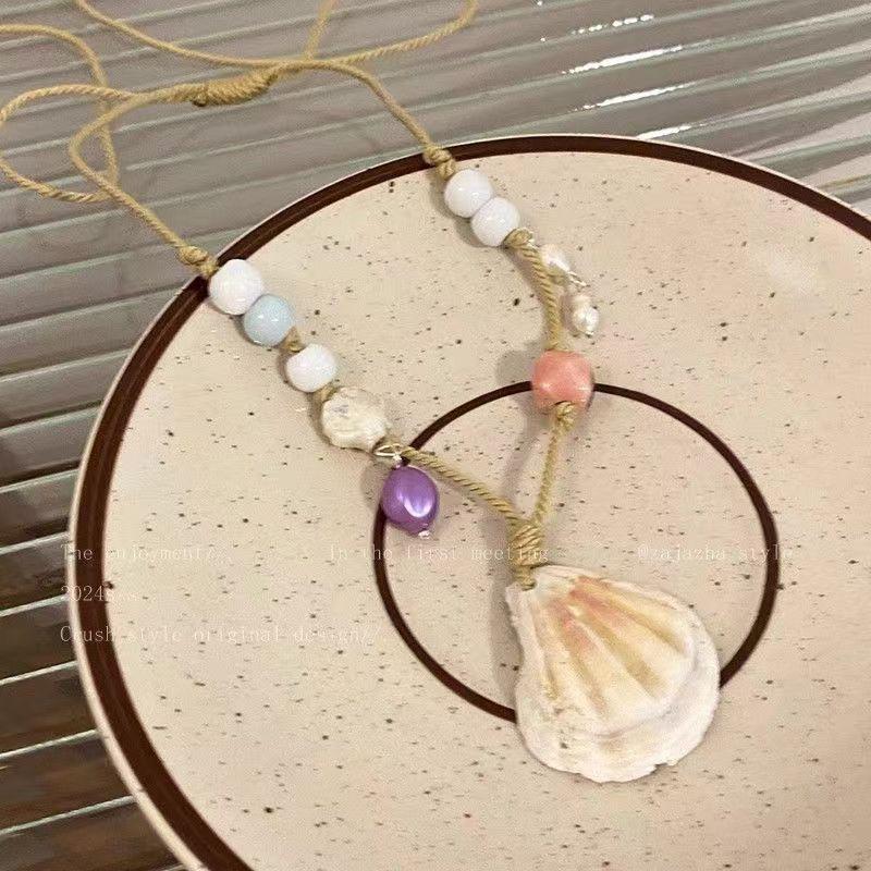 Summer Beach Shell Starfish Pendant Necklace for Women Girls Elegant Imitation Pearl Clavicle Chain Vacation Jewelry Accessories