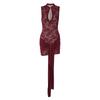Women Sexy Lace Splicing Sleeveless Ribbon Trim High Waist Bodycon Short Dress