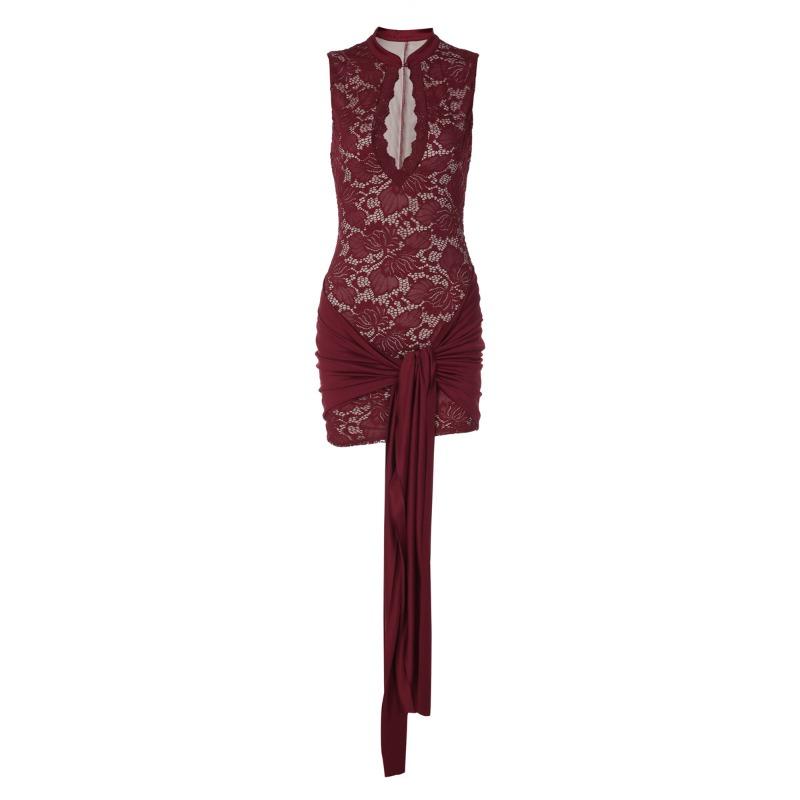 Women Sexy Lace Splicing Sleeveless Ribbon Trim High Waist Bodycon Short Dress