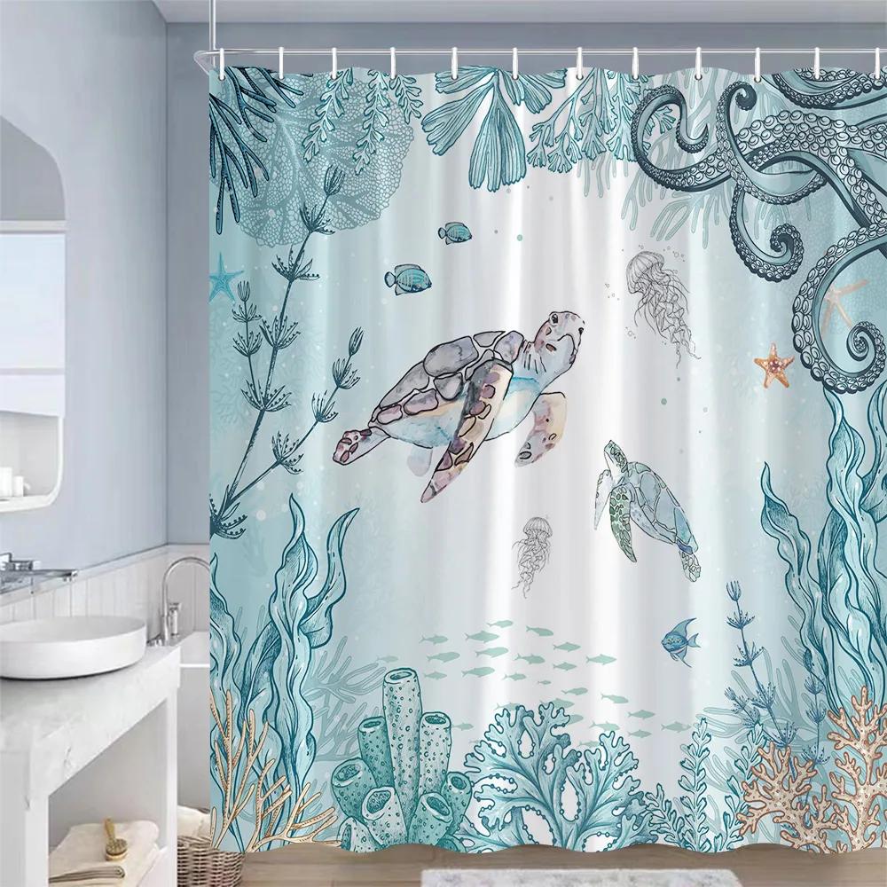 Meereslebewesen Duschvorhang Meeresschildkröten Seesterne Korallen Seetang Unterwasserlandschaft Polyester Badezimmer Vorhang Dekoration mit Haken