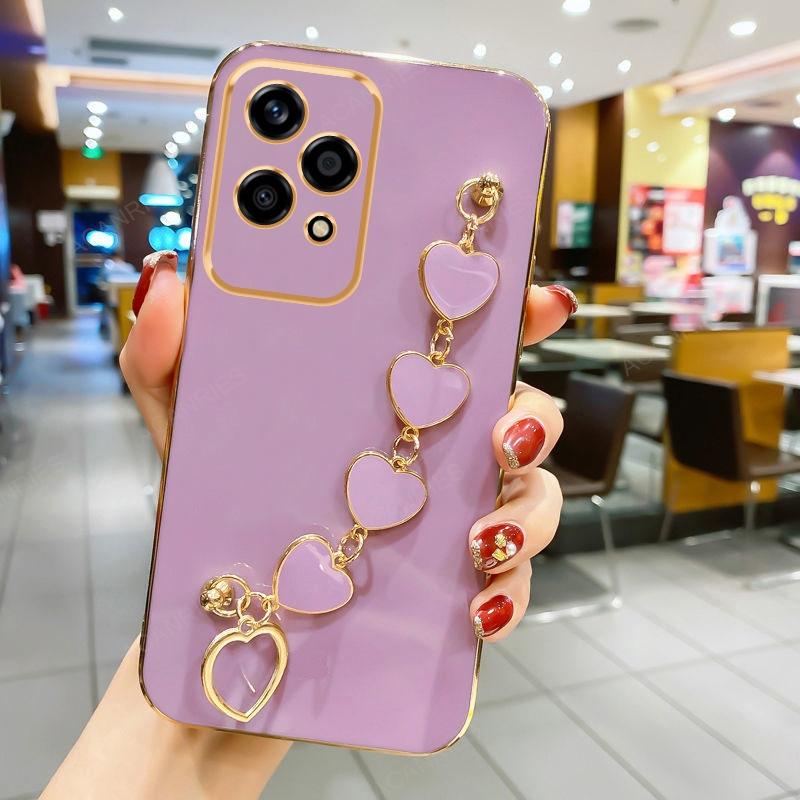 Honor200 Lite Luxury Plating Love Heart Bracelet Chain Case For Huawei Honor 200 Lite 100 Pro Soft Back Cover On 200Lite 90Lite