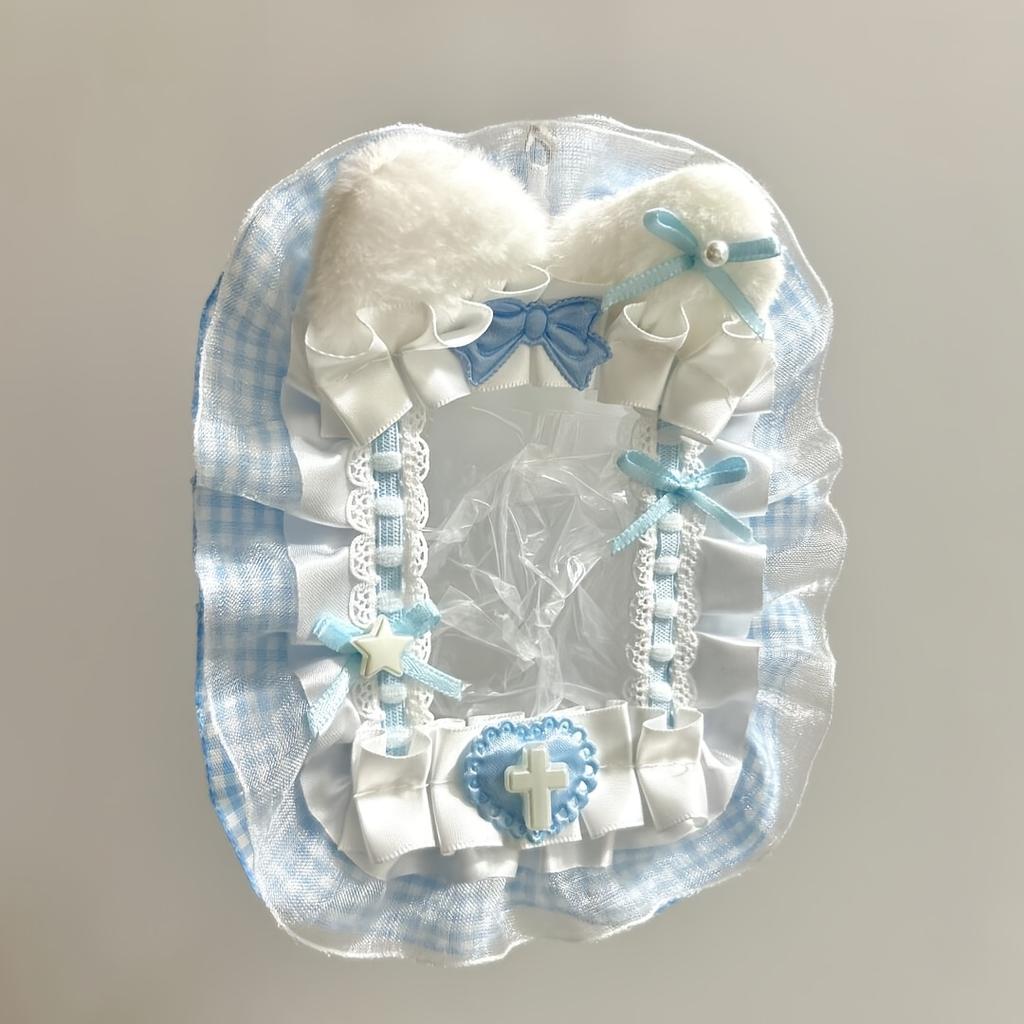 Charming Handmade Plush Rabbit Ears & Pink Lace Photo Card Holder - Canvas, Perfect for Daily Office Use