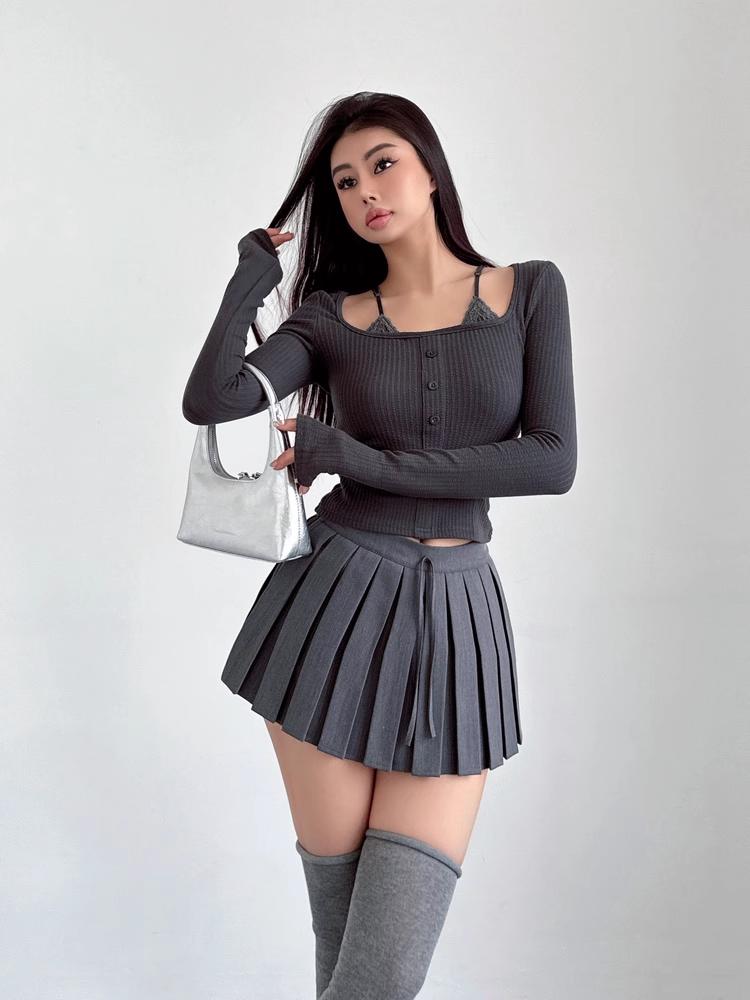Šedá skládaná sukně Dámské Šněrovací Léto Preppy Styl Nízký pas Y2K Mini Krátké sukně Culottes Bílé