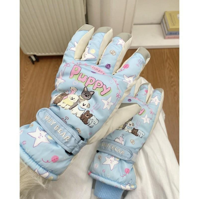 Kadın Kış Karikatür Köpekçik Kayak Eldivenleri: Dokunmatik Ekranlı, Rüzgar Geçirmez, Kadife Astarlı, Dış Mekan Sürüşü İçin Parmak Ayrık