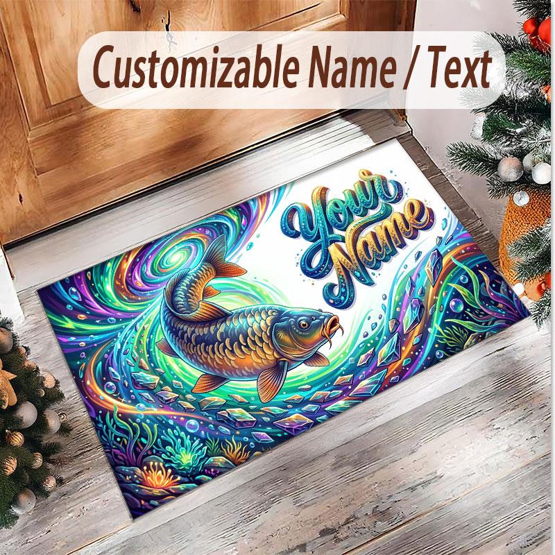 Fish Ocean Theme Soft Crystal Velvet Rug Custom Name & Text Print Non Slip Floor Rug for Bedroom Living Room