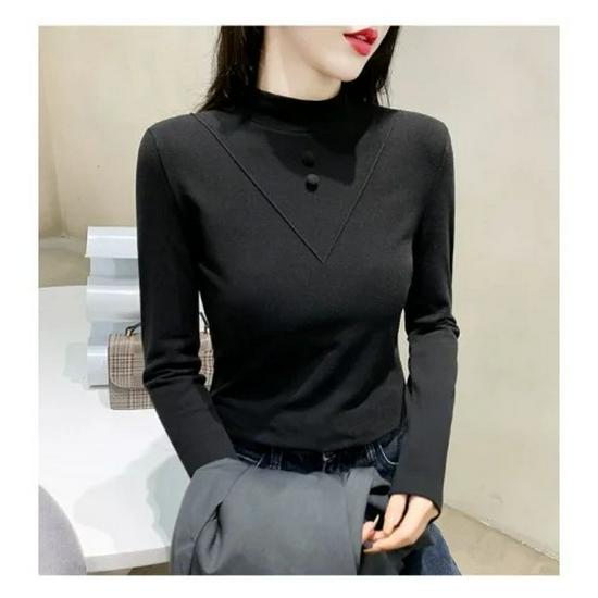 Ribbed Double-Sided Fleece Women's Slim-Fit Long Sleeve Half-High Neck Top