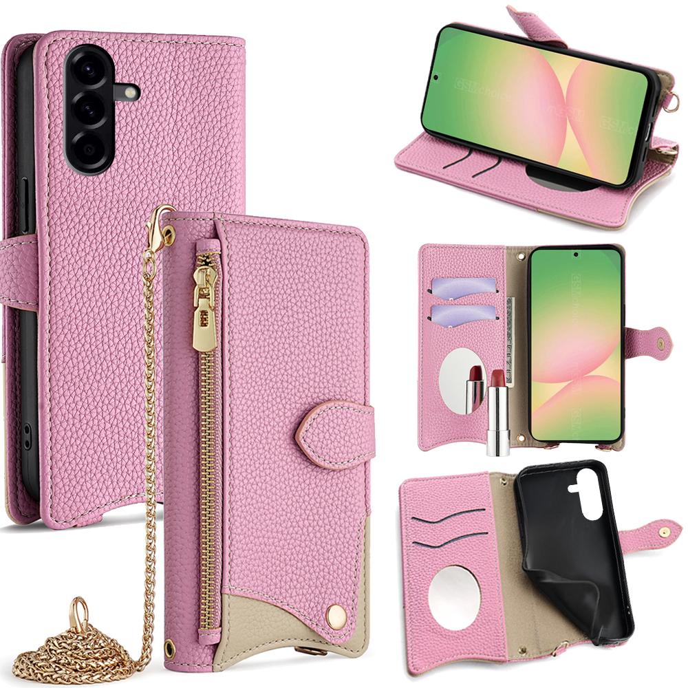 

For Samsung Galaxy A56 5G Wallet Case Fishtail Design Leather Phone Cover with Mirror/Stand/Strap Pink